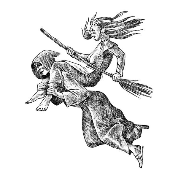 Hexe fliegt mit Besen und Mönch. Antike mythische magische Figur. Eingravierte monochrome Skizze. Handgezeichnete alte Fortune Illustration. — Stockvektor