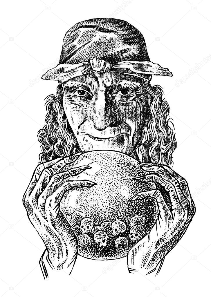 Scary Witch with a magic crystal ball. Old woman or crone. Ancient mythical characters set. Engraved monochrome sketch. Hand drawn vintage Fortune illustration.