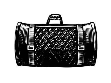 Klasik deri motosikletli bavul. Antika Seyahat Çantası. Antika etiket. Tişört, logo ya da rozet için elle çizim.