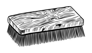 Ayakkabı ya da at için temizlik fırçası. Antika etiket. Tişört, logo ya da rozet için elle çizilmiş skeç.