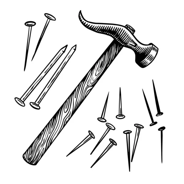 Кіготь молоток і цвяхи для ремонту робіт. Універсальний інструмент або інструмент. Вінтажний лейбл. Ручний гравірований ескіз для футболки, логотипу або значків . — стоковий вектор