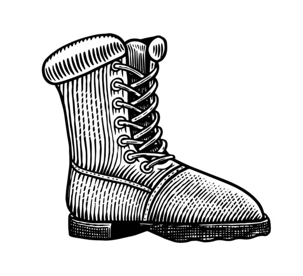 Botas de trekking. Etiqueta vintage. Sapato de caminhada, esboço gravado à mão para camiseta, logotipo ou crachás . — Vetor de Stock