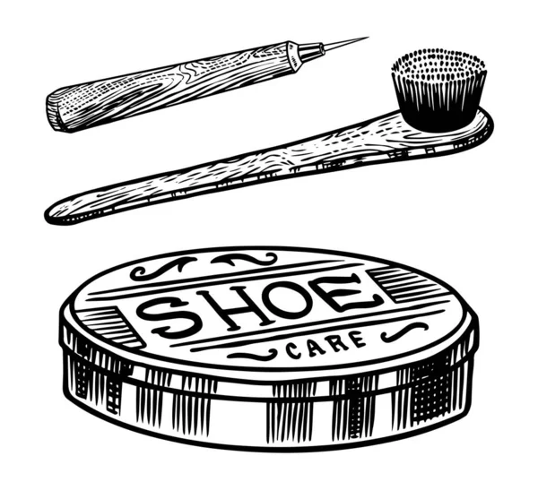 靴底をきれいにするための靴クリームとブラシ。ヴィンテージラベル。手描きのスケッチTシャツ、ロゴやバッジ. — ストックベクタ