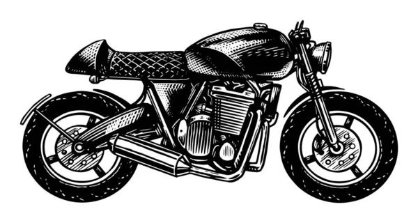 Motocicleta o bicicleta, bicicleta de motor retro para tatuajes o camisetas. Dibujo monocromo grabado a mano para etiquetas o carteles café corredor . — Vector de stock