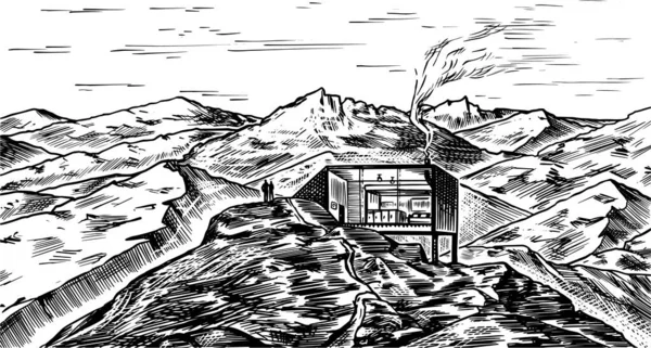 山の風景の背景。アルパインピークとキャビン。ヴィンテージマウントと谷。旅行のコンセプト。屋外ポスター、登山バナー、ロゴやバッジのための手描き彫刻スケッチ. — ストックベクタ
