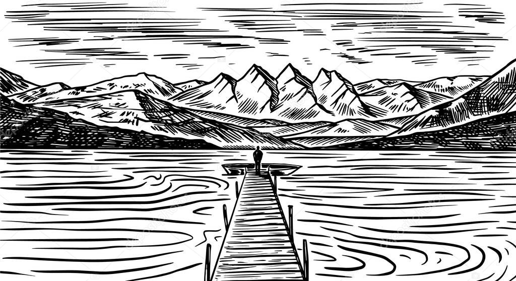 Mountain landscape background. Alpine peaks and forest. Vintage Mount. Travel concept. Hand drawn engraved sketch for outdoor posters, climbing banners, logo or badge