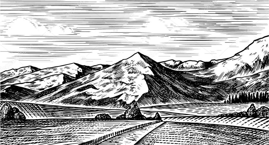 Mountain landscape background. Alpine peaks. Vintage Mount. Travel concept. Hand drawn engraved sketch for outdoor posters, climbing banners, logo or badge
