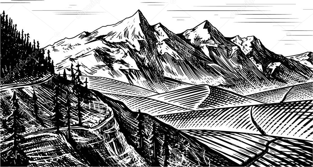 Mountain landscape background. Alpine peaks and forest. Vintage Mount. Travel concept Hand drawn engraved sketch for outdoor posters, climbing banners, logo or badge.