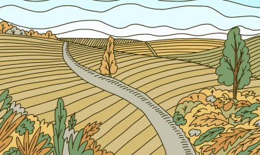 Kırsal Dağ manzarası. Çiftlik arazisi ve yol. Tarım ve üzüm bağı. Green Hill ve Meadow, pankartlar için kırsal alan. Vektör çizimi. Panorama manzaralı. El çizimi eski bir eskiz.. 