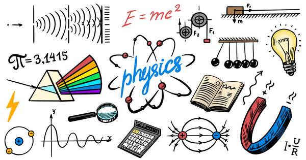 Physics or education concept. Icons and formulas set. Atomic nuclear experiments. spectrum. School test or lab. Hand drawn doodle symbols. Spectrum, Magnetism, Mechanics. Science background or banner