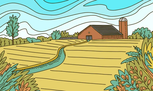 田舎の山。風景だ。農場と小屋だ。農業とブドウ園。緑の丘や牧草地、バナーやウェブのための国の背景。ベクトルイラスト。手描き版画ヴィンテージスケッチ. — ストックベクタ
