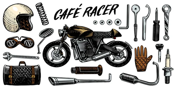 Réparation de moto. Ensemble d'outils pour le Café Racer. Gants de vélo Casque Instruments pour moto. Réparation et rénovation de véhicules. Croquis monochrome gravé à la main pour étiquettes ou affiches . — Image vectorielle