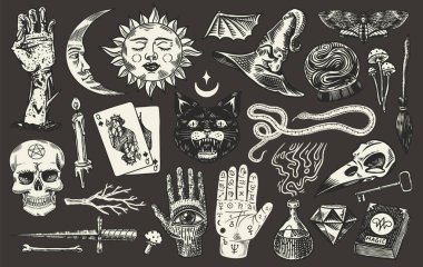 Mistik sihirli boho elementleri. Büyücülük astrolojik seti. Dövme için esrarengiz simya eskizi. Oymalı Oyun Kartları ve Kara Kedi ve El Falı.