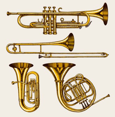 Caz klasik rüzgar enstrümanları ayarlandı. Müzikal Trombon Trombon Flüt Fransız Kornosu Saksafon. El çizimi monokrom oymalı vintage skeç.