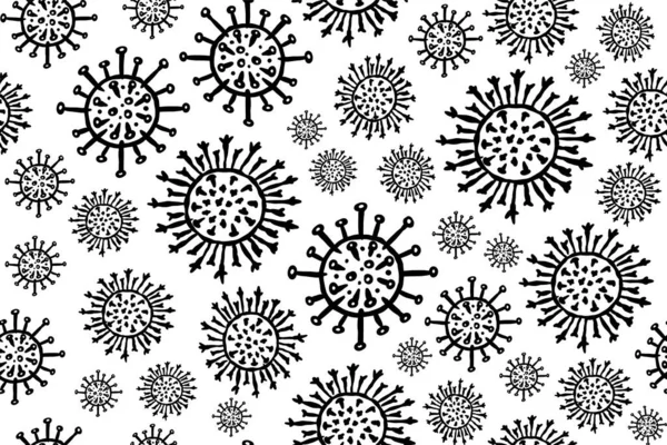 Cartel de células del Coronavirus. Virus 2019-nCoV Bacterias. Patrón sin costuras. Banner de enfermedad. Cuarentena y gripe. Enfermedad respiratoria. Dibujo de fondo infectado dibujado a mano. Espigas del virión . — Vector de stock