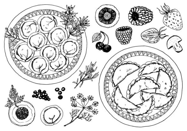 Nourriture traditionnelle russe. Dumplings dans une assiette et assaisonnement. Cuisine moscovite. Framboises et fraises, cerises et épices. Croquis dessiné à la main. Vue de dessus. Illustration vectorielle monochrome gravée . — Image vectorielle