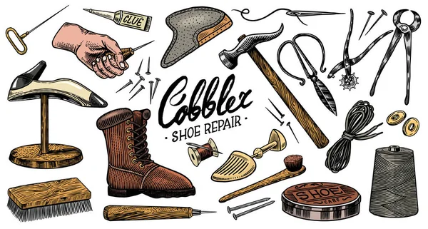 Cobbler set. Professional equipments for Shoe repair. Shoemaker or bootmaker. Cream Hammer Awl Brush Thread Glue Shoe and Calligraphic lettering. Hand drawn engraved old sketch for label or poster. — Stock Vector
