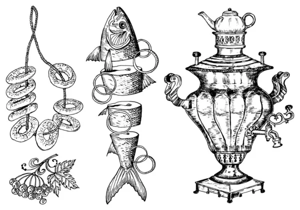 Comida tradicional rusa. Sushki y pescado en rodajas con limón, esturión y Samovar. Cocina de Moscú. Dibujo dibujado a mano. Vista superior. Ilustración vectorial monocromática grabada . — Archivo Imágenes Vectoriales