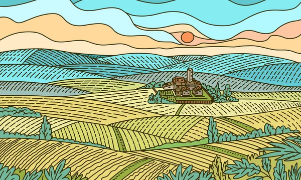 Paysage rural de montagne. Ferme et cabane. Agriculture et vignoble. Collines verdoyantes et prairies, arrière-plan champêtre pour bannière ou toile. Illustration vectorielle. Dessin à la main graver croquis vintage . — Image vectorielle