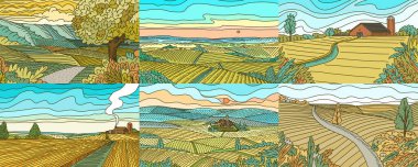 Kırsal Dağ manzaraları. Tarlalar kuruldu. Tarım ve üzüm bağı. Yeşil tepe ve çayır, pankart ve internet için kırsal alan. Vektör çizimi. Panorama manzaralı. El çizimi eski bir eskiz.