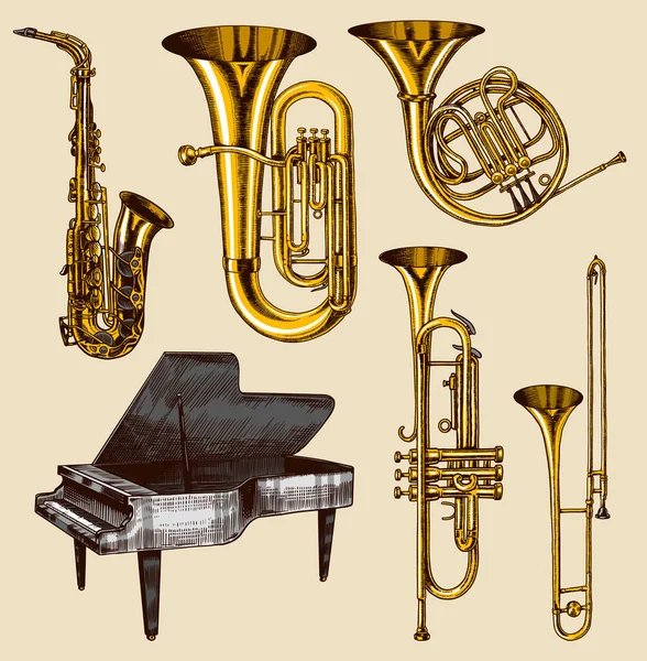 Caz klasik rüzgar enstrümanları ayarlandı. Müzikal Trombon Trombon Flüt Fransız Kornosu Saksafon. El çizimi monokrom oymalı vintage skeç. — Stok Vektör