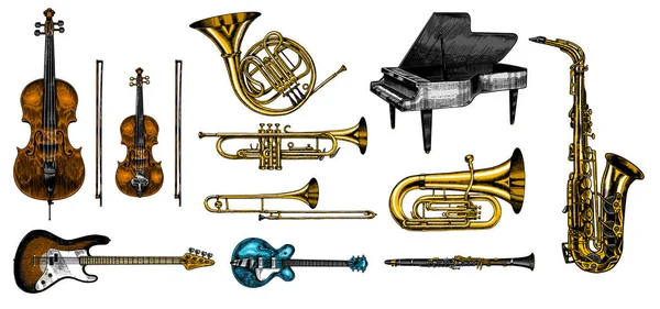 Conjunto de instrumentos de viento clásico Jazz. Trompeta trombón trompeta flauta bajo guitarra Cuerno francés semi-acústico Saxofón violonchelo Tuba violín piano. Dibujado a mano monocromo grabado vintage boceto . — Vector de stock