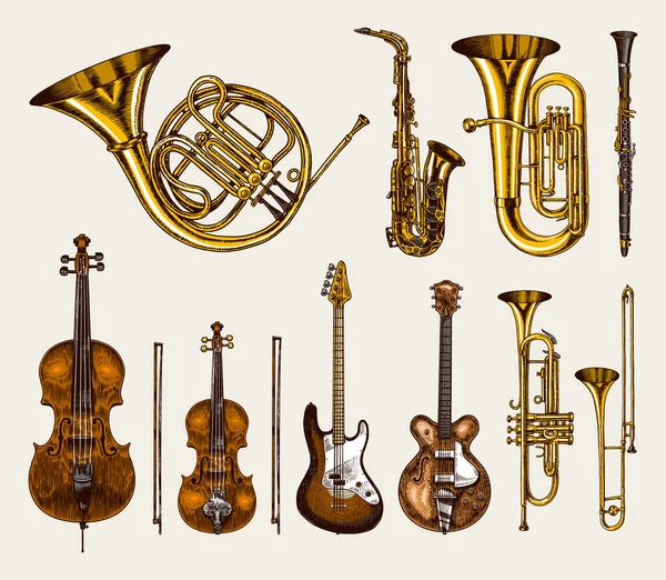 Caz klasik rüzgar enstrümanları ayarlandı. Müzikal Trombon Trombon Bas gitarı yarı akustik Fransız kornosu Saksafon Çello Tuba Keman. El çizimi monokrom oymalı vintage skeç. — Stok Vektör