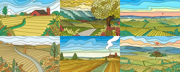 Сельские горные пейзажи. Фермерские поля готовы. Сельское хозяйство и виноградник. Зеленый холм и медо, кантри-фон для баннера или паутины. Векторная иллюстрация. Панорамный вид. Ручной набросок гравюры — стоковый вектор