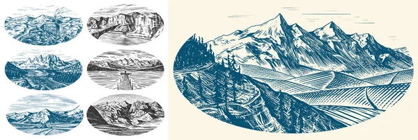 Montaña paisaje fondos establecidos. Picos alpinos y Viajero con tienda de campaña. Montaña Vintage. Concepto de viaje. Bosquejo grabado a mano para carteles al aire libre, pancartas de escalada, logotipo o insignia . — Vector de stock