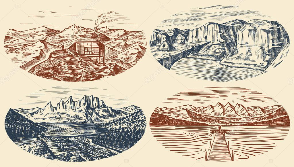 Mountain landscape backgrounds set. Alpine peaks and Traveler with a tent. Vintage Mount. Travel concept. Hand drawn engraved sketch for outdoor posters, climbing banners, logo or badge