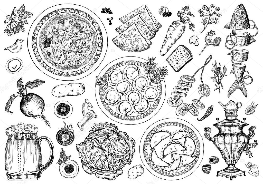 Traditional Russian food set. Dumplings and borscht in a plate and seasoning. Moscow cuisine. Samovar and pancakes, sliced fish. Hand drawn sketch. Top view. Engraved monochrome vector illustration.