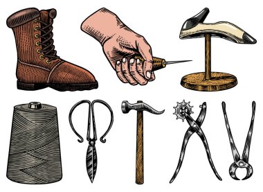 Ayakkabı seti. Ayakkabı tamiri için profesyonel malzemeler. Ayakkabıcı ya da ayakkabıcı. Krem Çekiç Awl Fırça İpliği Yapıştırıcı Ayakkabısı. Etiket ya da poster için elle çizilmiş eski bir çizim. 
