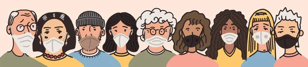 Люди ставлять різні обличчя. Людина Аватари в хірургічних масках для безпеки. Чоловіків і жінок, бабусь і дівчаток. Накреслив ескіз каракулів. Запобігання грипу і хворобам. — стоковий вектор