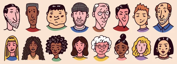 İnsanların farklı yüzleri. Karakterler belirlendi. İnsan Görseller Koleksiyonu. Mutlu duygular. Yüzünde olumlu bir ifade olan bir portre. Erkekler ve kadınlar, büyükanneler ve kızlar. El çizimi karalama.. — Stok Vektör