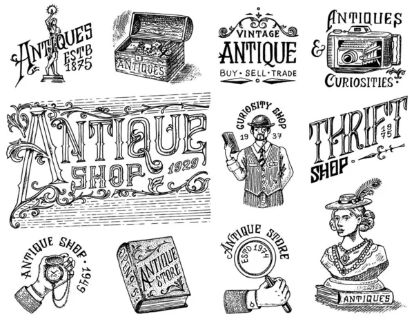 Σετ αντικέ ετικετών ή σημάτων. Συλλογή από vintage victorian αρχαίο λογότυπο για t-shirts, τυπογραφία ή πινακίδες, πανό. Πλαίσιο και Γλυπτική. Παλιά μόδα. Χειροποίητο μονόχρωμο σκίτσο — Διανυσματικό Αρχείο