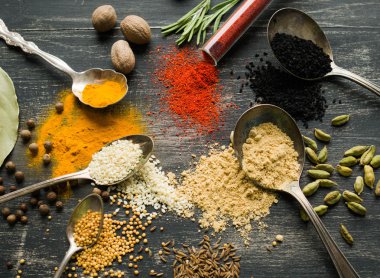 Siyah bir arka plan üzerine dağılmış renkli baharatlar