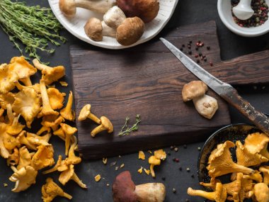 Ham vahşi Cantharellus cibarius mantar ve ham porcini mantar karanlık bir tahta yanında yemek için hazır. Yabani mantar ile kompozisyon. Kopya alanı