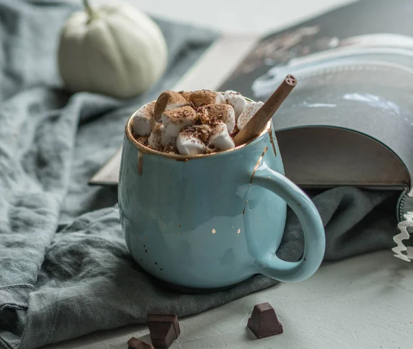 Hot Chocolate Marshmallow Blue Mug Cinnamon Stick Open Book Next — Stock Photo, Image