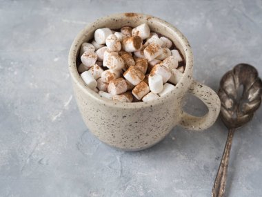 Sıcak çikolata hatmi gri bir arka plan üzerinde bir kupa ile