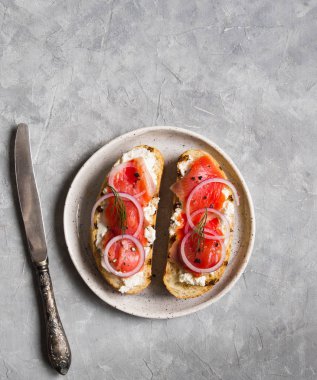 İki sandviç gri arka plan üzerinde beyaz plaka üzerinde füme somon ve krem peynir ile. Üstten Görünüm