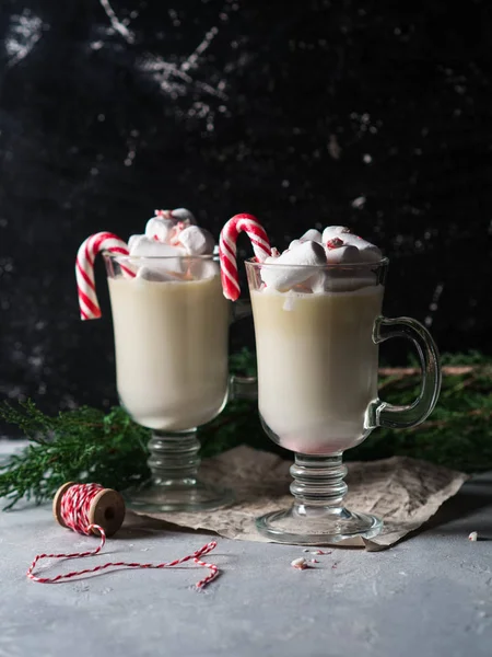 Two Glass Glasses Hot White Chocolate Marshmallow Caramel Cane Christmas — Stock Photo, Image