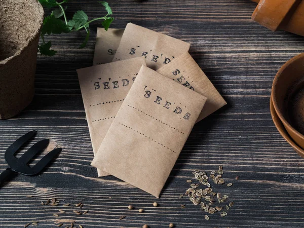 Seeds in paper bags. Planting of spring herbs in pots. Garden concept