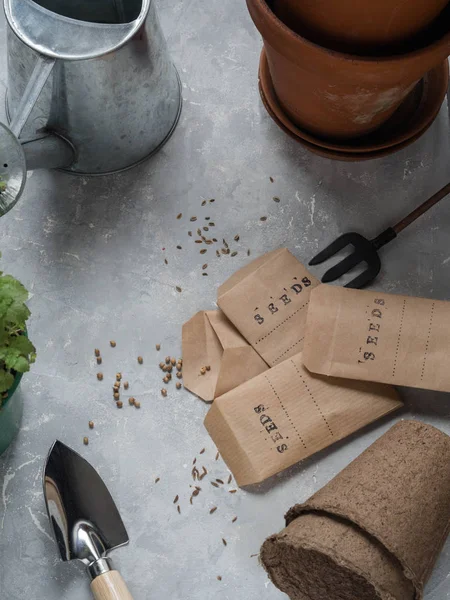 Seeds in paper bags. Planting of spring herbs in pots. Garden concept