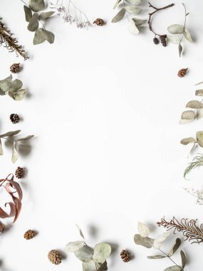 Beyaz arka planda, kışın kuru bitkilerin yaratıcı doğal çerçeve arkaplanı yatıyordu. en üstteki görünüm