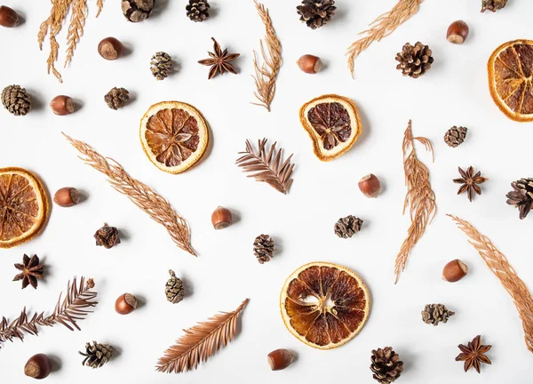 Flat lay creative natural background of winter dry forest plants parts, anise star and dry orange slices on white background. top view — Stock Photo, Image