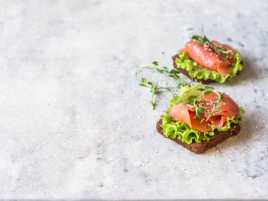 Somon dilimli iki tost, susam, bezelye filizi ve gri arka planda marul. Boşluğu kopyala.