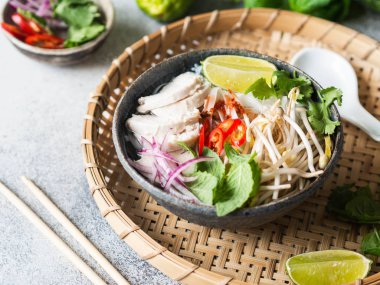 Geleneksel Vietnam çorbası tavuklu ve pilav erişteli fo ga, nane ve kişniş, kırmızı soğan, kırmızı biber, fasulye filizi ve gri arka planda limon. Asya yemekleri. Boşluğu kopyala.