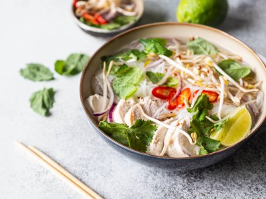 Geleneksel Vietnam çorbası tavuklu ve pilav erişteli fo ga, nane ve kişniş, kırmızı soğan, kırmızı biber, fasulye filizi ve gri arka planda limon. Asya yemekleri. Boşluğu kopyala.