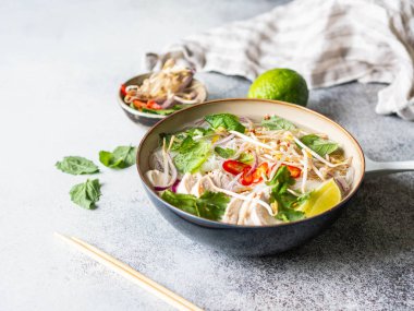Geleneksel Vietnam çorbası tavuklu ve pilav erişteli fo ga, nane ve kişniş, kırmızı soğan, kırmızı biber, fasulye filizi ve gri arka planda limon. Asya yemekleri.