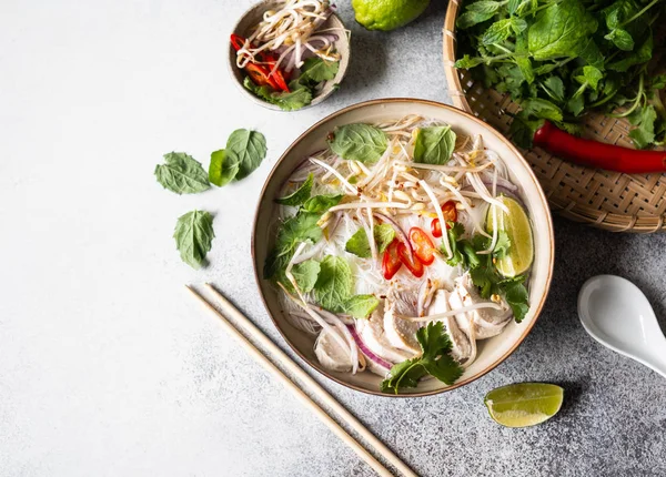 Sopa vietnamita tradicional-pho ga em tigela com macarrão de frango e arroz, hortelã e coentro, cebola vermelha, pimenta, brotos de feijão e limão em fundo cinza. Comida asiática. Espaço para cópia. Vista superior — Fotografia de Stock